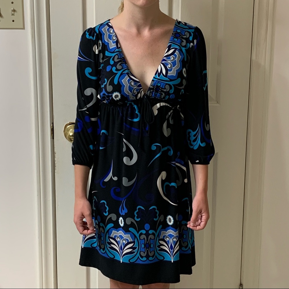 🌷3 for $25🌷Rhapsody, US M, Black White & Blue Long Sleeve V-Neck Boho Dress
